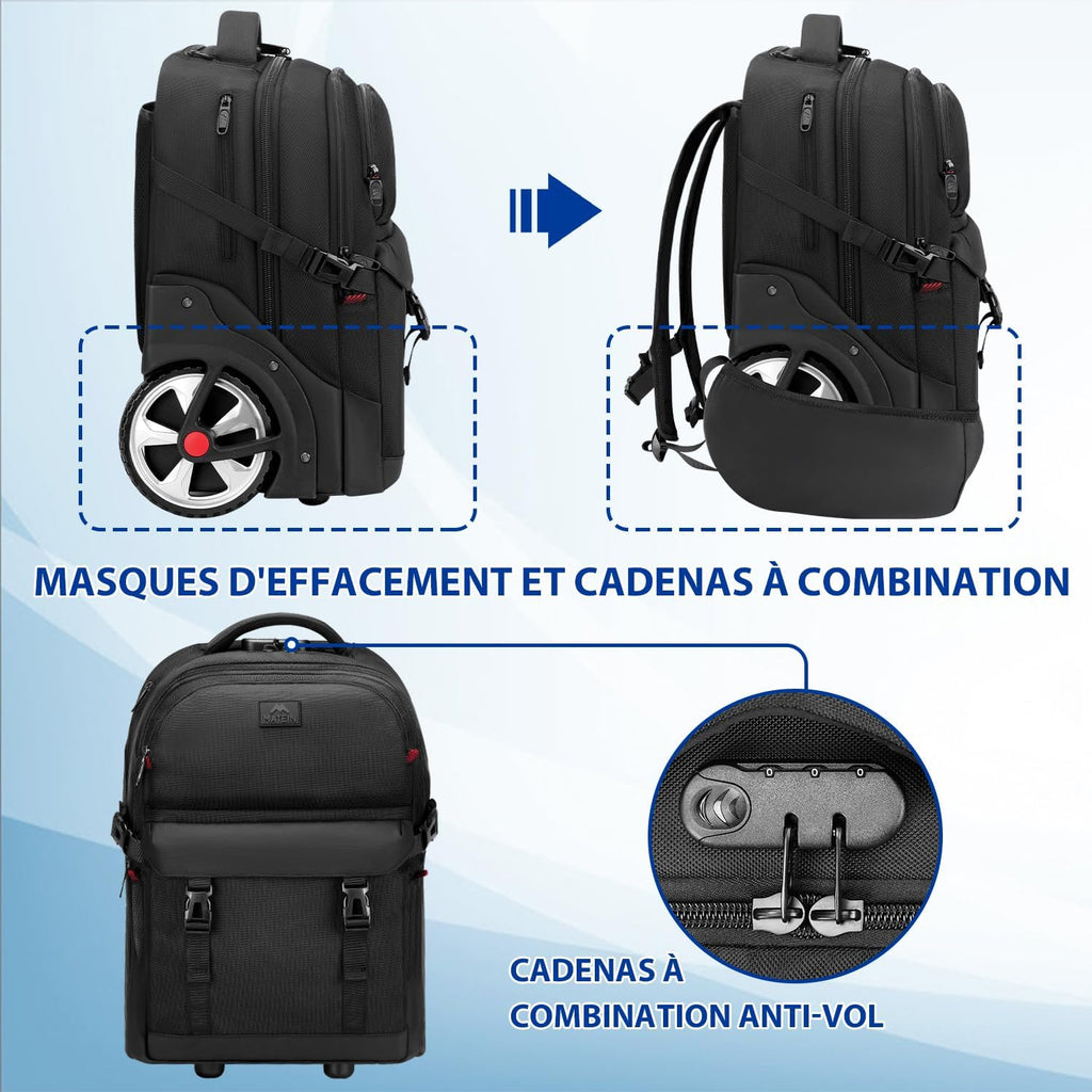 MATEIN Sac Dos Roulettes 17 Pouces avec 2 Roues, Grande Capacité avec Cadenas à Combinaison, 2 en 1 Trolley Résistant et Anti-vol, Hommes Adulte Cartable Voyage d'Affaires, Noir
