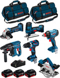 BOSCH Kit 18V BK602BAG (GDX 18V-180 + GBH 18V-21 + GKS 18V-57 + GST 18 V-LI S + GWS 18-125 V-LI + GSR 18V-60 C +3 Batteries de 5,0 Ah + Chargeur + 2 Sacs)