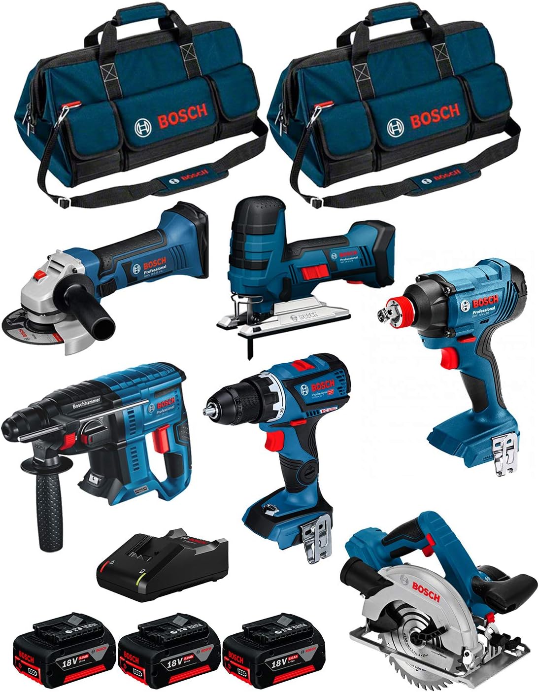 BOSCH Kit 18V BK602BAG (GDX 18V-180 + GBH 18V-21 + GKS 18V-57 + GST 18 V-LI S + GWS 18-125 V-LI + GSR 18V-60 C +3 Batteries de 5,0 Ah + Chargeur + 2 Sacs)