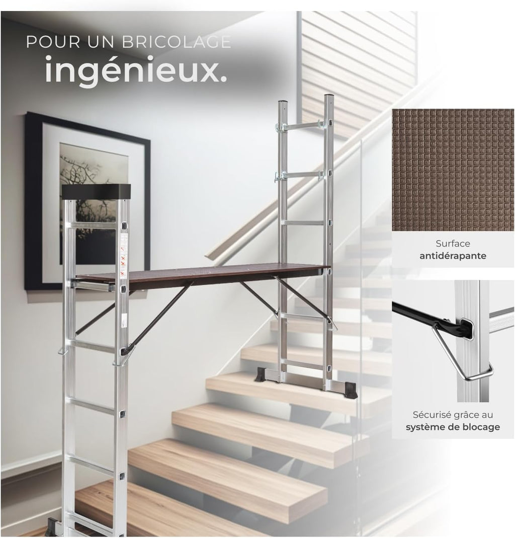 tectake® Échelle Multifonction 3 en 1 Échafaudage Roulant en Acier Plateforme de Travail Antidérapante Échelle Téléscopique Échelle Pliante Escabeau Pliant Bricolage Peinture Toiture
