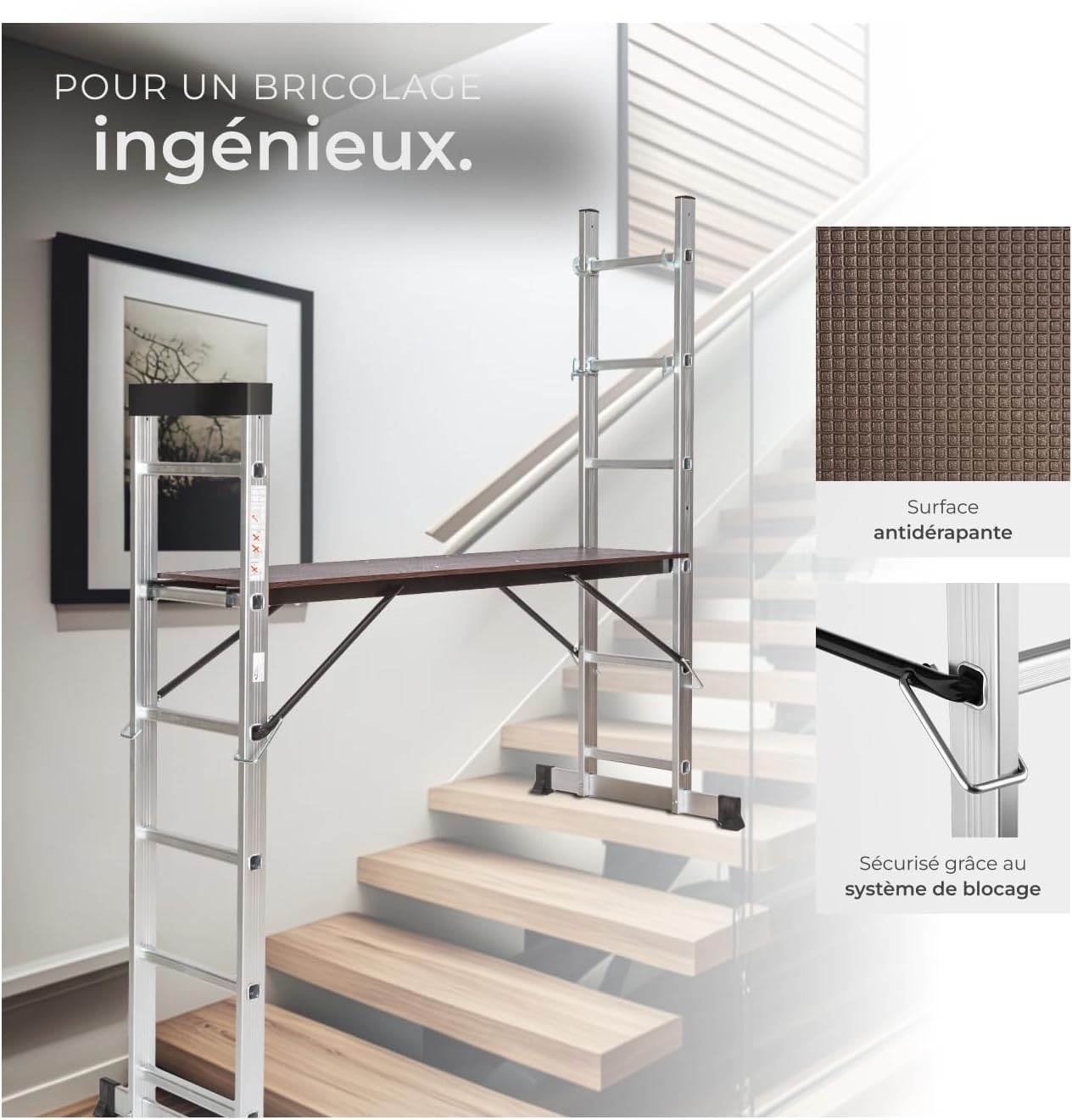 tectake® Échelle Multifonction 3 en 1 Échafaudage Roulant en Acier Plateforme de Travail Antidérapante Échelle Téléscopique Échelle Pliante Escabeau Pliant Bricolage Peinture Toiture
