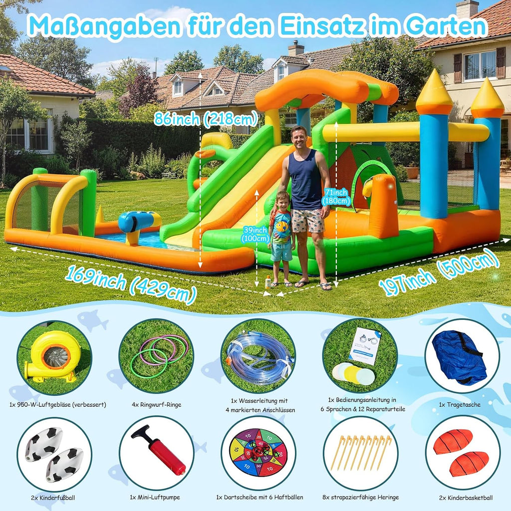 FOOING Grand toboggan aquatique gonflable avec 2 toboggans et pataugeoire pour enfants – Château rebondissant avec deux voies pour les fêtes de jardin et de cour, plaisir d'été en plein air