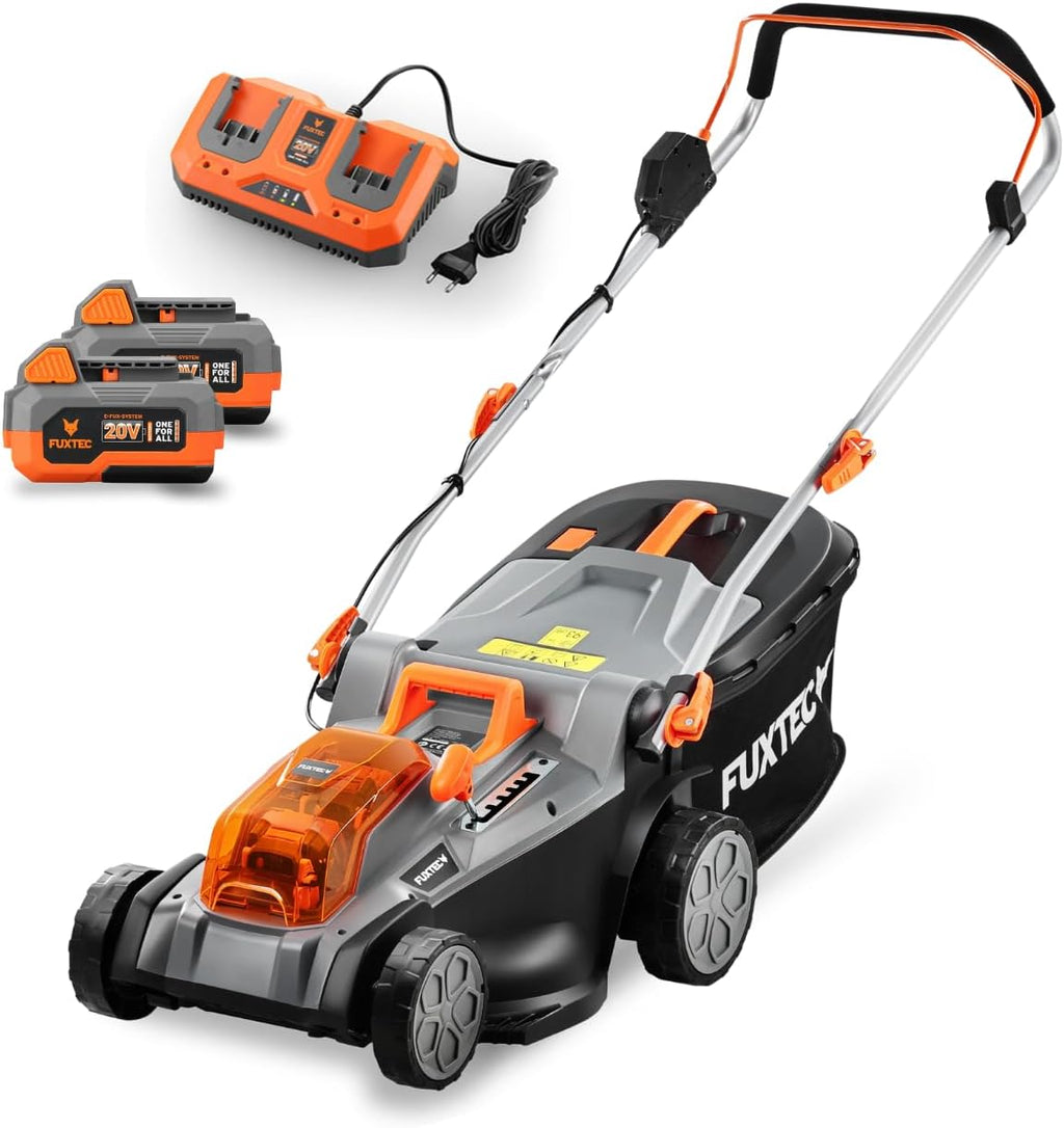 FUXTEC Tondeuse à Gazon sans Fil 40V (2x20V) E2RM43 Set Batteries et Chargeur - Largeur De Coupe 43cm, 40L, Hauteur De Coupe Variable, Tondeuse à Gazon Batterie, sans Fil