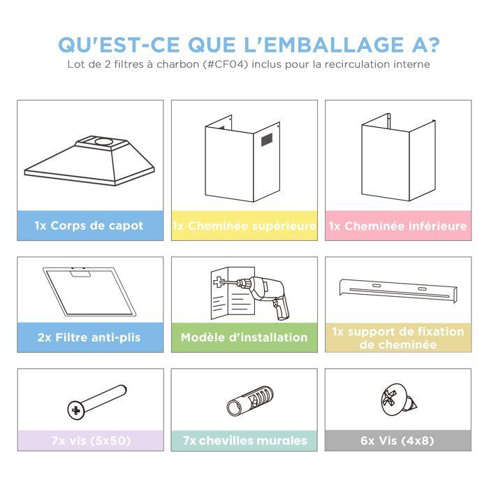 Hotte Aspirante 60cm Comfee - 400 m³/h - Classe A++ - 2 Filtres à Charbon - 3 Vitesses - Recyclage & Évacuation - LED lampe - Inox