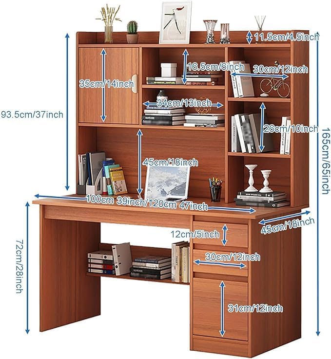 Bureau d'ordinateur Portable avec étagère，Grand Bureau d'écriture pour Bureau à Domicile Poste de Travail Avec Armoire Table D'étude Moderne avec étagère De Rangement po(Size:120x45x165cm,Color:Blanc)