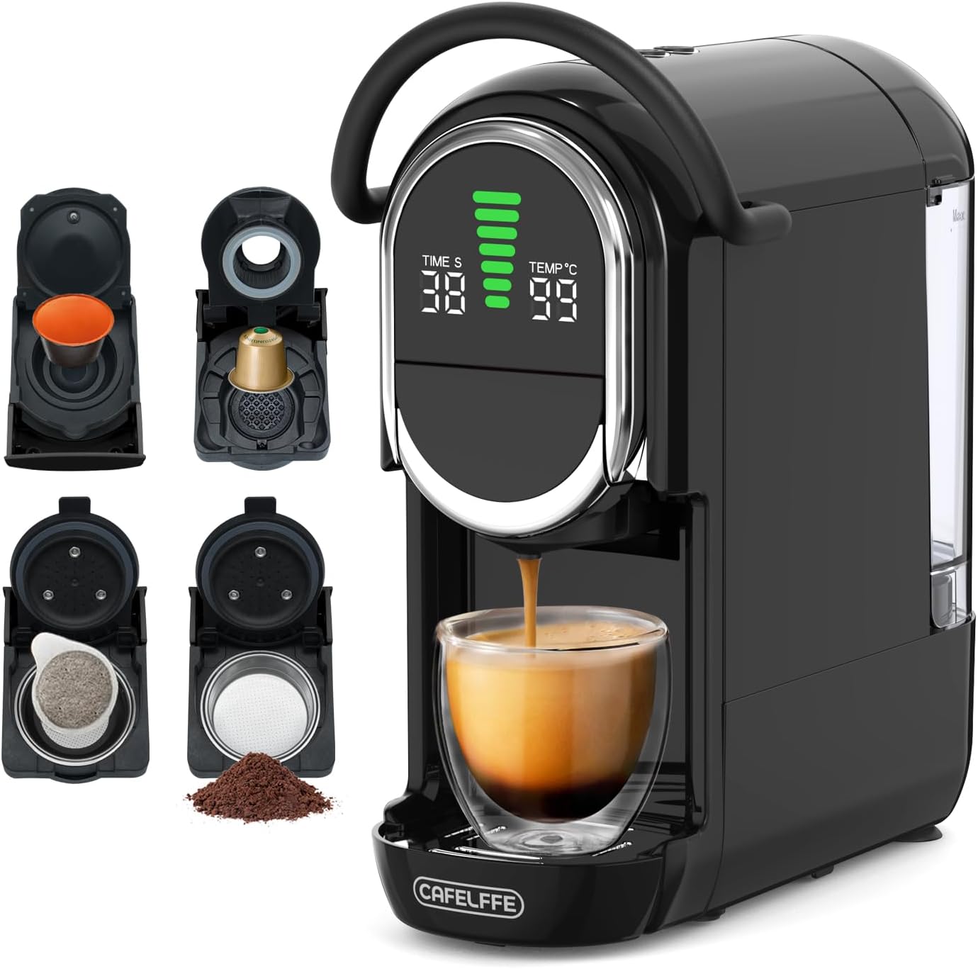 Cafelffe Machine à café automatique, cafetière à capsules 4 en 1 avec température réglable et 7 temps d'infusion préréglés, machine à expresso 19 bars pour NES/DG/ESE/café moulu, noir