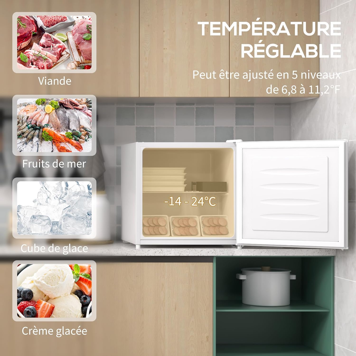 HOMCOM Mini congélateur Température Réglable de -14 à -24°C Compact 35L - étagère Amovible - Porte réversible Classe E - 47 x 44,2 x 48,8 cm - Blanc
