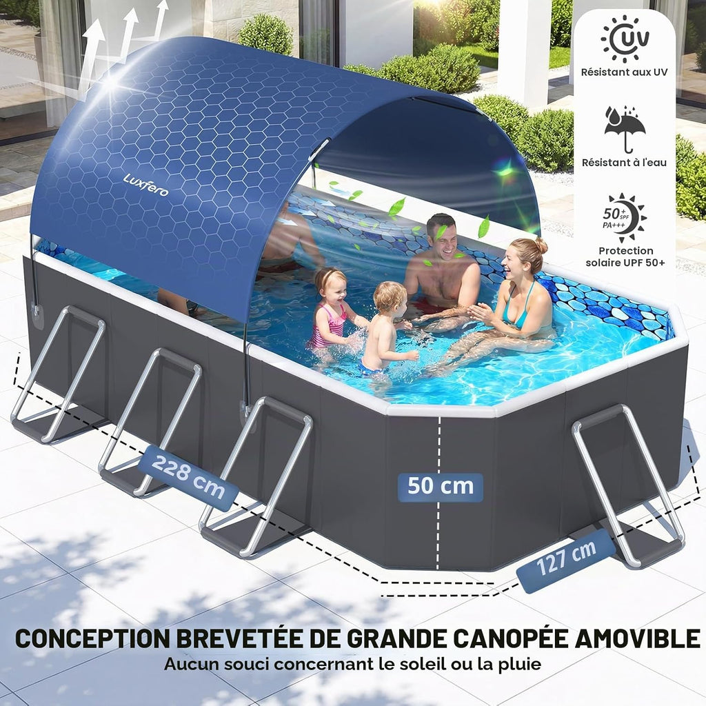 Luxfero Piscine Rectangulaire Tubulaire avec Auvent, Piscine hors sol Pliable Grande, Metal Frame Piscine Tubulaire Épaissi, Facile à Ranger&Épuisement Piscine pour Jardin et Famille,228 x 127 x 50 cm