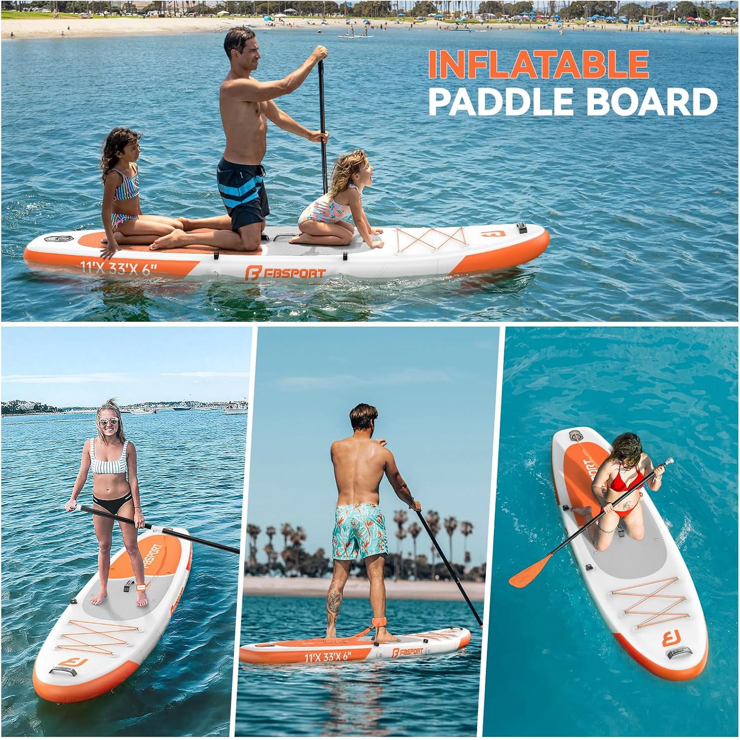 FBSPORT Paddle Gonflable Adulte 335 cm, Planches de Stand Up Paddle, 160kg de Capacité de Charge avec Pont Anti-dérapant, Set Complet avec Pagaie, Pompe, Sup Board pour Yoga, Surf en Voyage