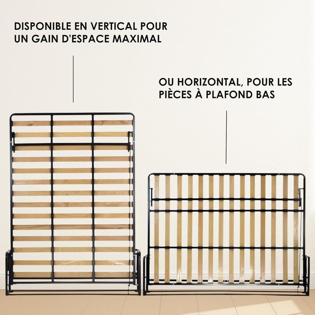 Lit Escamotable 2 Personnes - 140cm x 200cm - Lit Mural Rabattable - Vertical - Classique