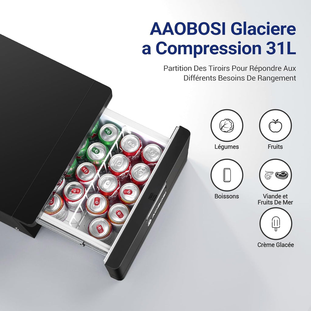 AAOBOSI 31L Tiroir Glaciere Electrique, Frigo Voiture avec APP, Réfrigérateur pour Camping-Car 12V/24V, -20℃ à 20℃ Glaciere a Compression pour Voiture, Camions, Caravanes, Bateaux, Camping et Voyages