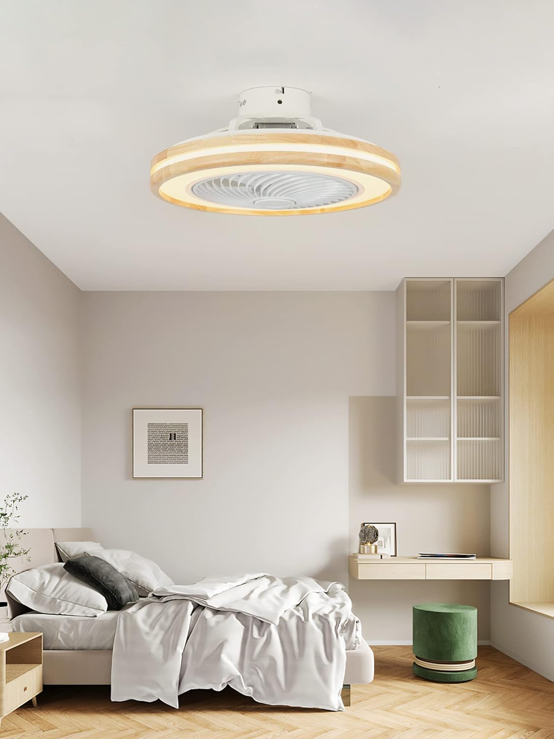 LJX Ventilateurs de Plafond avec Lumières Bois et Télécommande Plafonnier Ventilateur Design Sans Pales Été Et Hiver Réversible 6 Vitesses Moteur DC Gradable Ventilo Plafond Silencieux Pour Chambre
