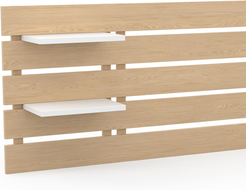 IDMarket - Tête de lit Suspendue 5 Larges Lattes Nina 240 cm Bois Clair et étagères Blanches