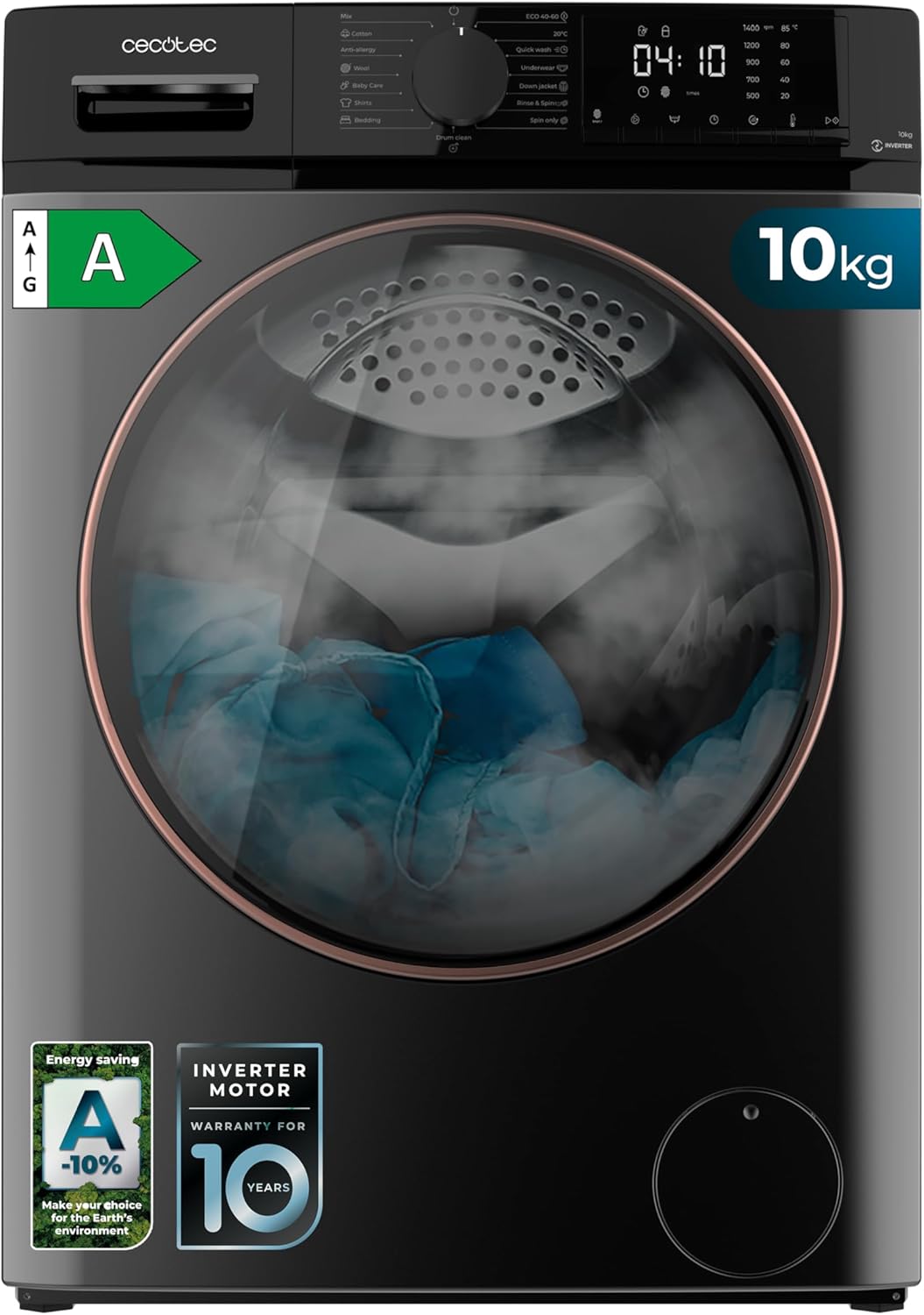 Cecotec Lave-linge 10Kg Bolero DressCode 10610 Inverter Steel A. Chargement Frontale, 1400 RPM, Steam Max, Motor Inverter Plus, 15 Programmes, OnSmart, Stop&Go, Caoutchouc Antibactérien, Drum Clean
