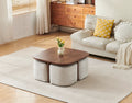 Table Basse Carrée 80 cm avec 4 Poufs Intégrés – Effet Noyer & Tissu Crémona