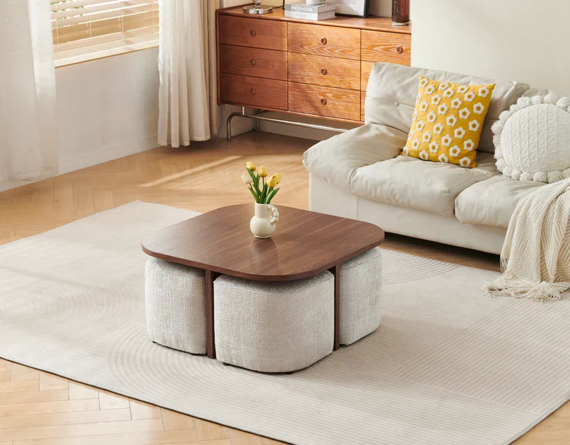 Table Basse Carrée 80 cm avec 4 Poufs Intégrés – Effet Noyer & Tissu Crémona