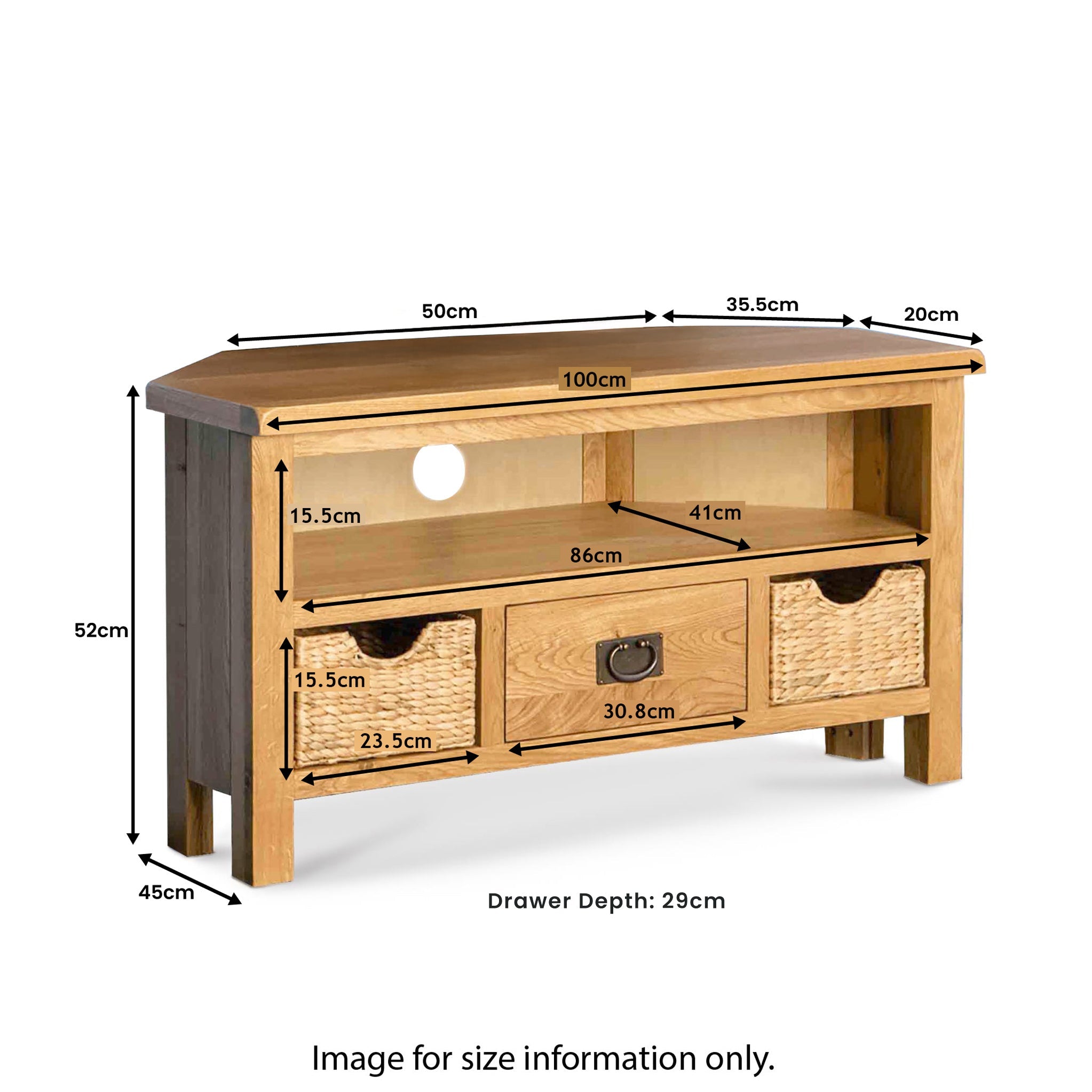 Surrey Oak Corner TV Stand with Baskets
