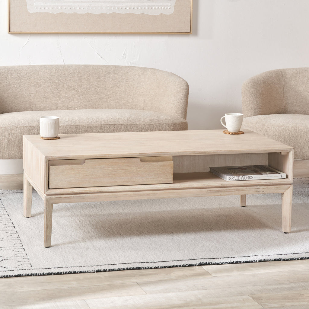 Gio White Sand Acacia 2 Drawer Coffee Table