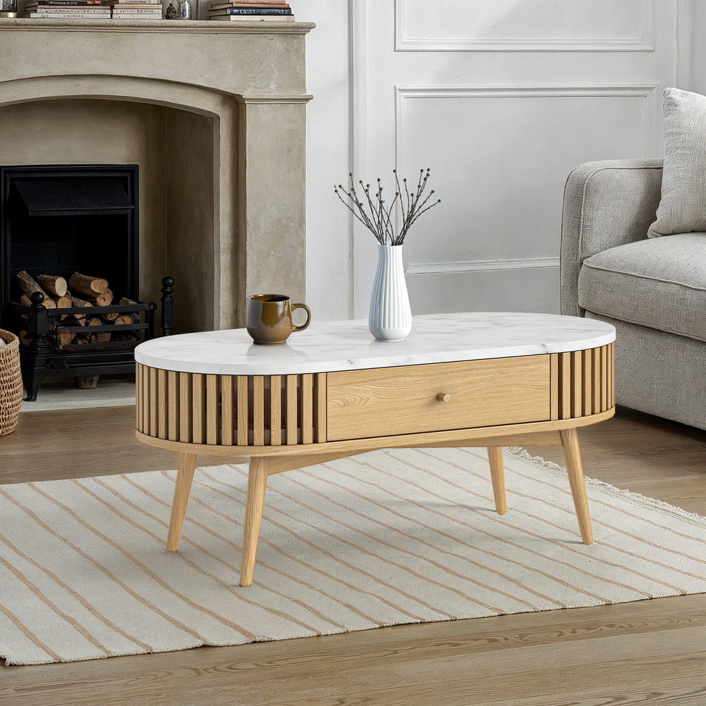 Shorwell Oak & Marble 1 Drawer Oval Coffee Table