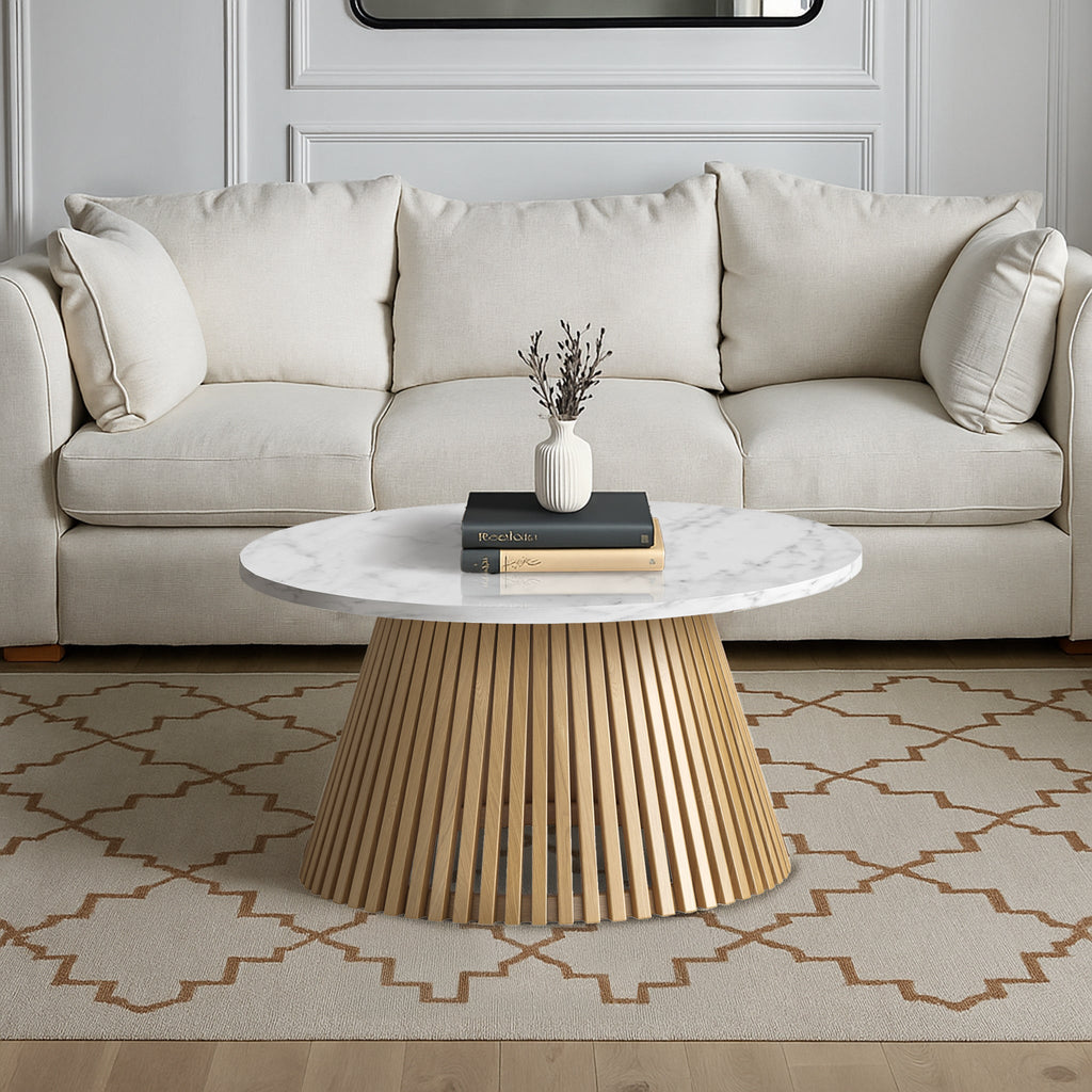 Shorwell Oak & Marble Slatted 80cm Round Coffee Table