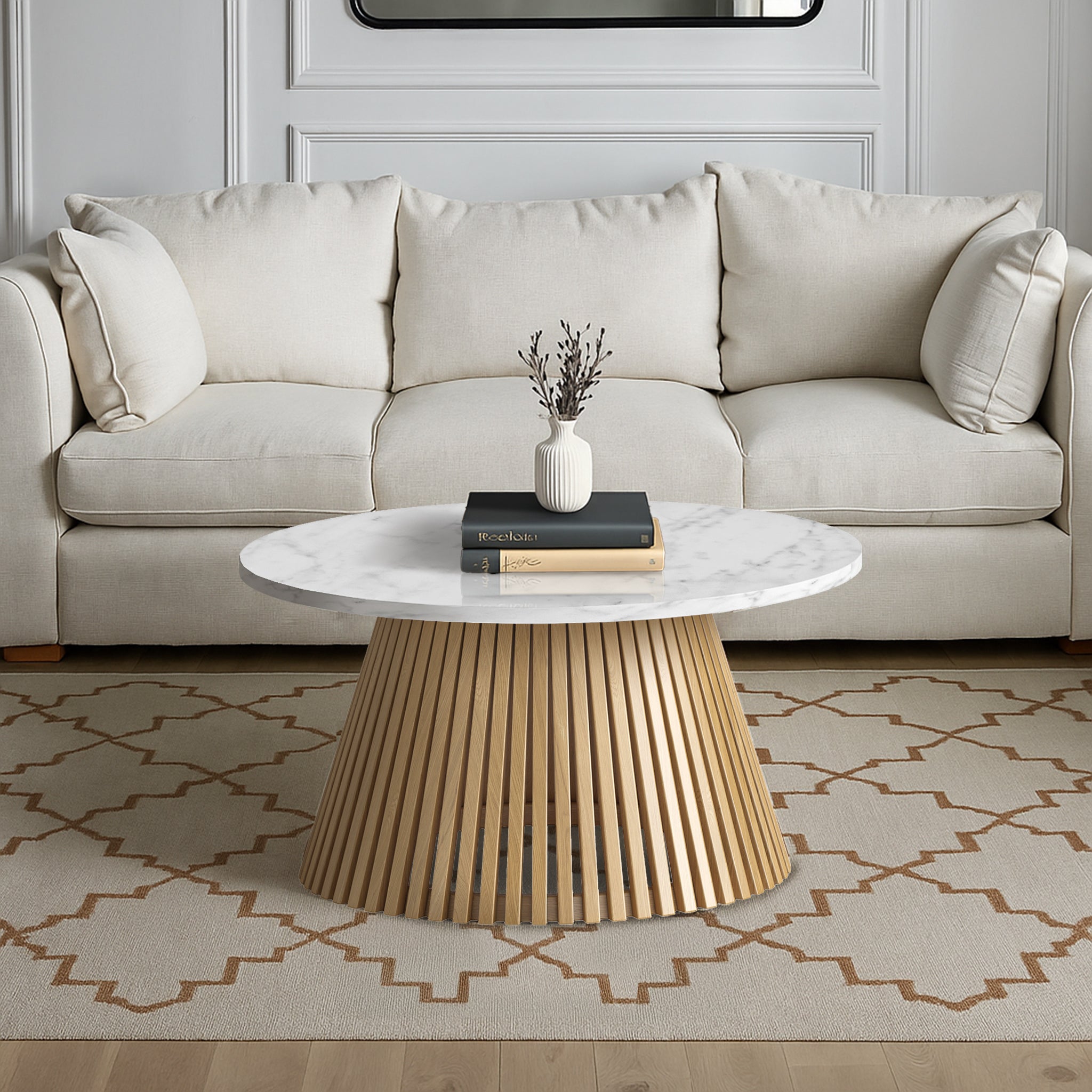 Shorwell Oak & Marble Slatted 80cm Round Coffee Table