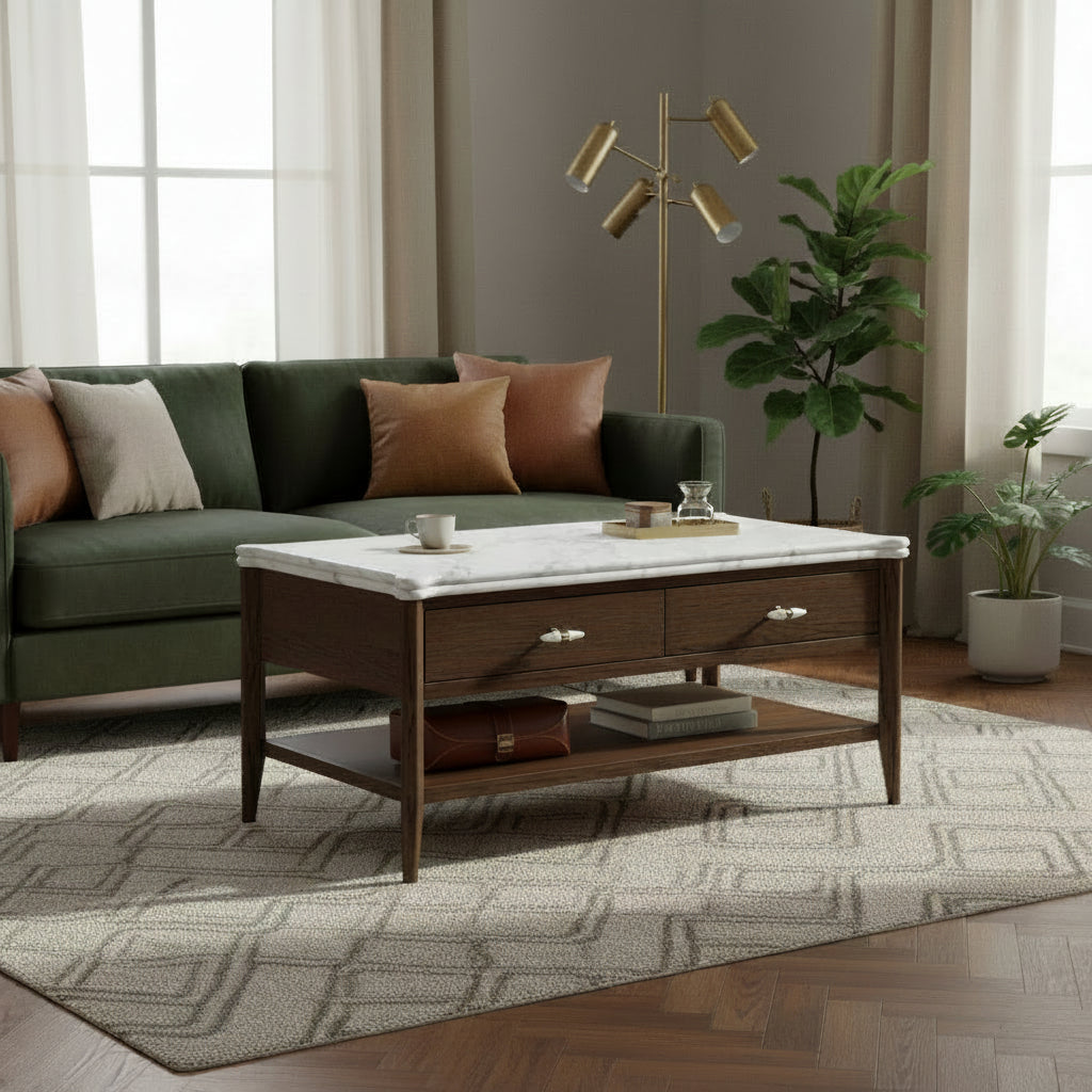 Hawthorne Dark Oak & Marble 2 Drawer Coffee Table