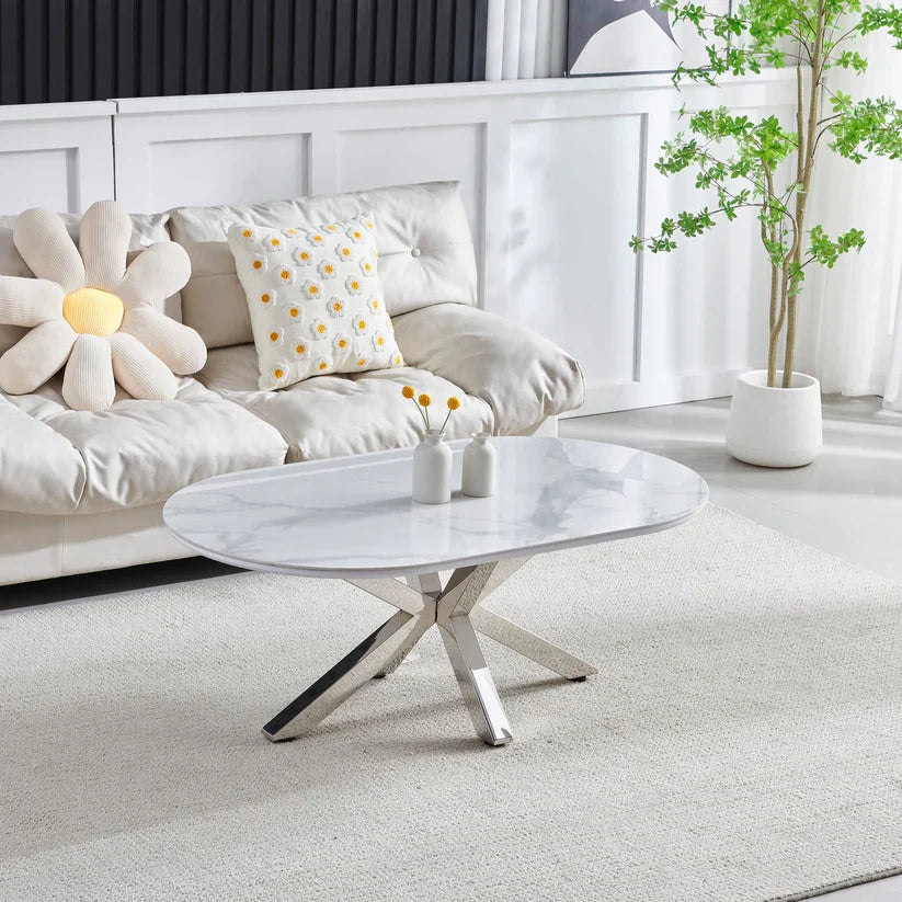 Table Basse Ophelia Ovale 120 cm – Effet Marbre Blanc & Pieds Dorés