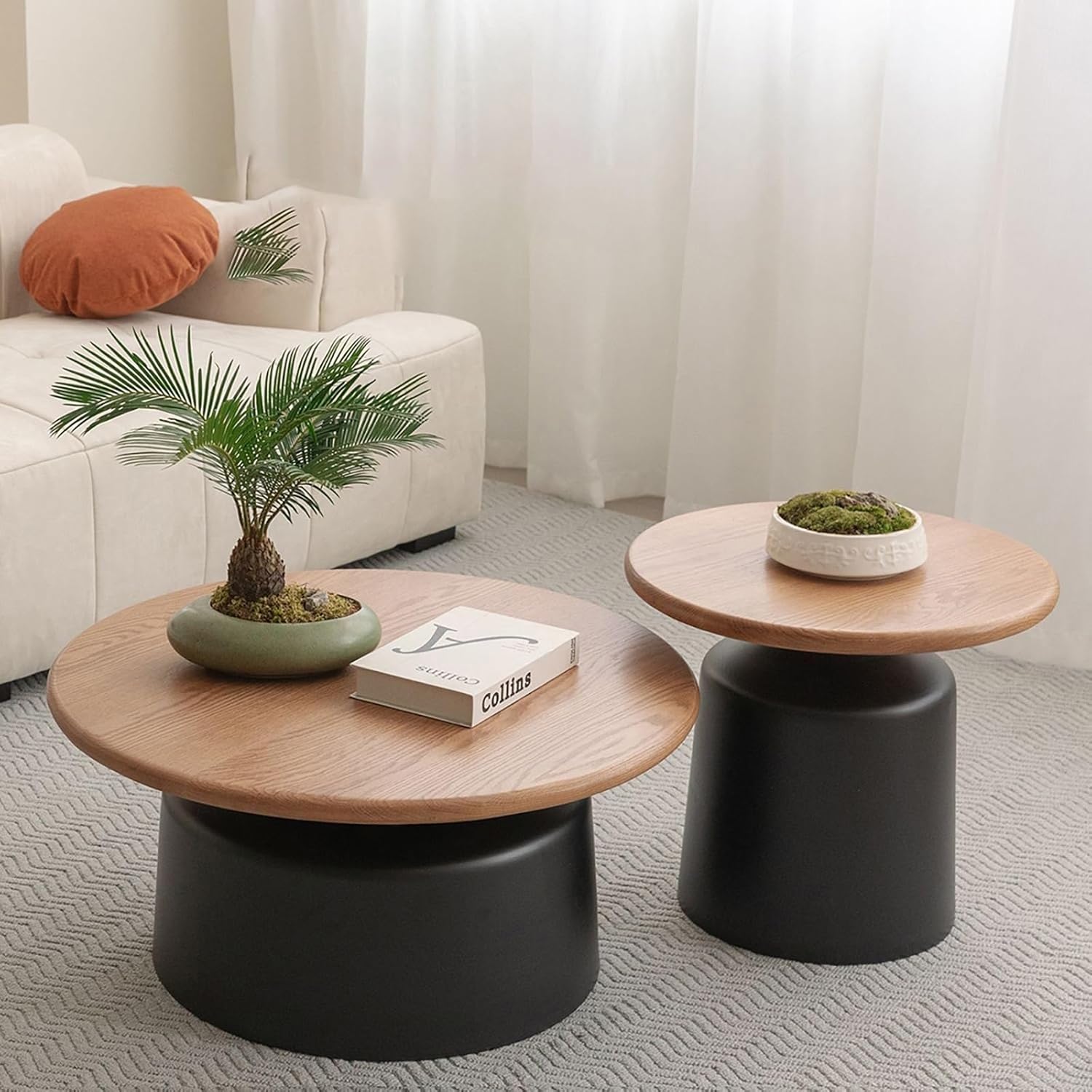Table Basse Ronde Bois Massif, Table Basse Ronde Salon Moderne, Style Crémeux, Socle en Acier Au Carbone pour Maison Salon Bureau Ferme-Facile À Assembler(Black)