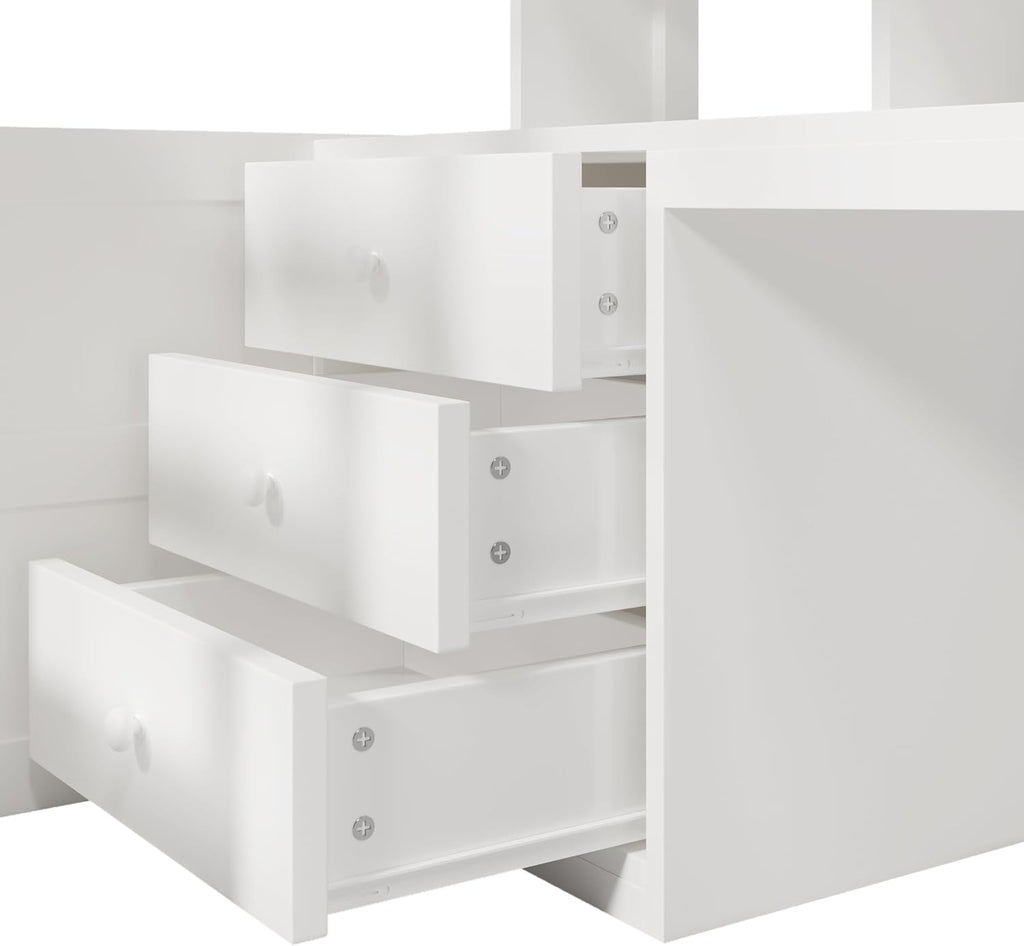 Lit Mezzanine 90x200 cm, Lit Superposé Enfant et Adulte avec Bureau, Lumières LED, Armoire, Échelle, 4 Tiroirs et Rangements, Blanc et Bois lit Mezzanine (90x200 cm)