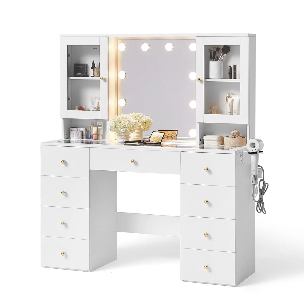 Coiffeuse verre 47 pouces miroir lumières rangement prise