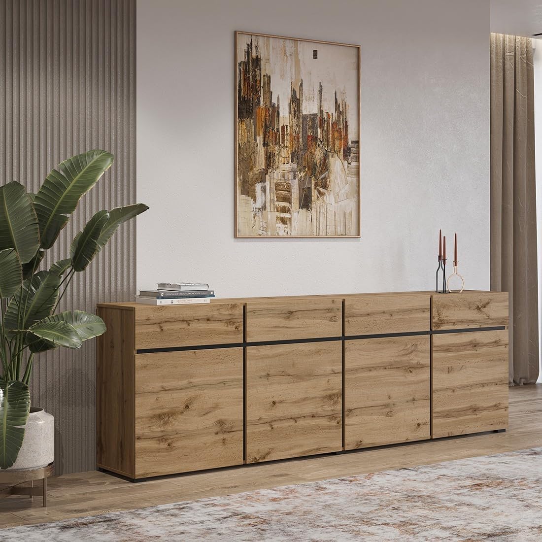 Buffet XL couleur chêne et noir 225 cm, collection Havana. Buffet moderne avec 4 portes et 4 tiroirs.