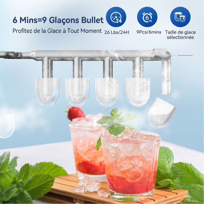 Machine à glaçons verte 12kg/24h, réservoir 1.4L, 9 glaçons en 6min, silencieuse, autonettoyante, 2 tailles de glaçons, avec poignée
