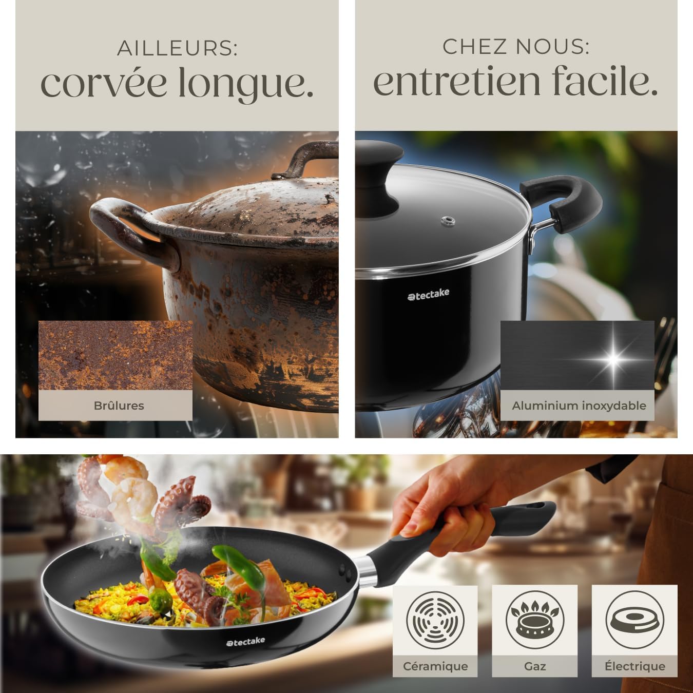tectake® Set de cuisine 45 pièces, Service de table 6 personnes et Batterie de cuisine, Poêles, Casseroles, Assiettes plates, Assiettes creuses, Bols, Tasses, Louche, Spatule, Vaisselle en grès