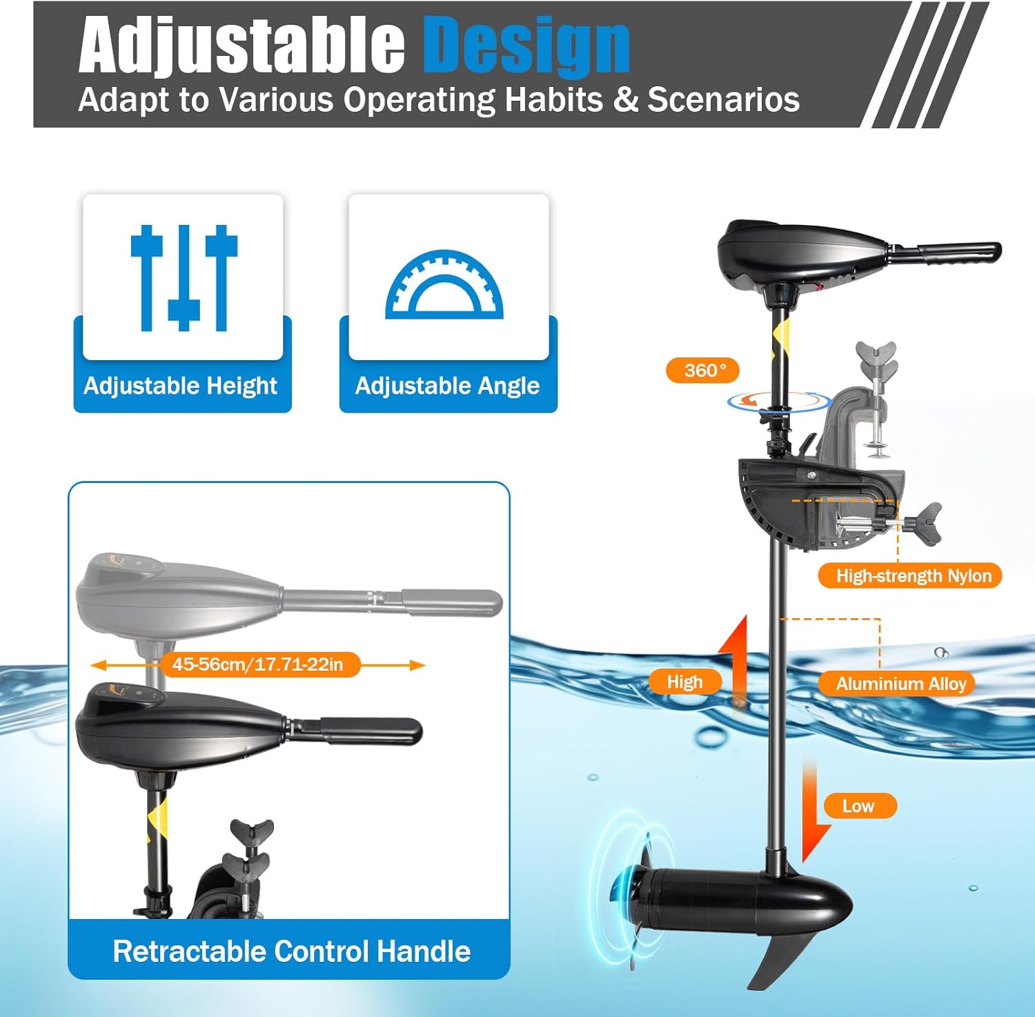 Moteur électrique 80LBS 12V hors-bord pour bateau, mise à niveau du moteur hors-bord électrique 800W avec une traction de 839 kg | 5 vitesses avant+3 vitesses arrière | Réglable en hauteur | Avec