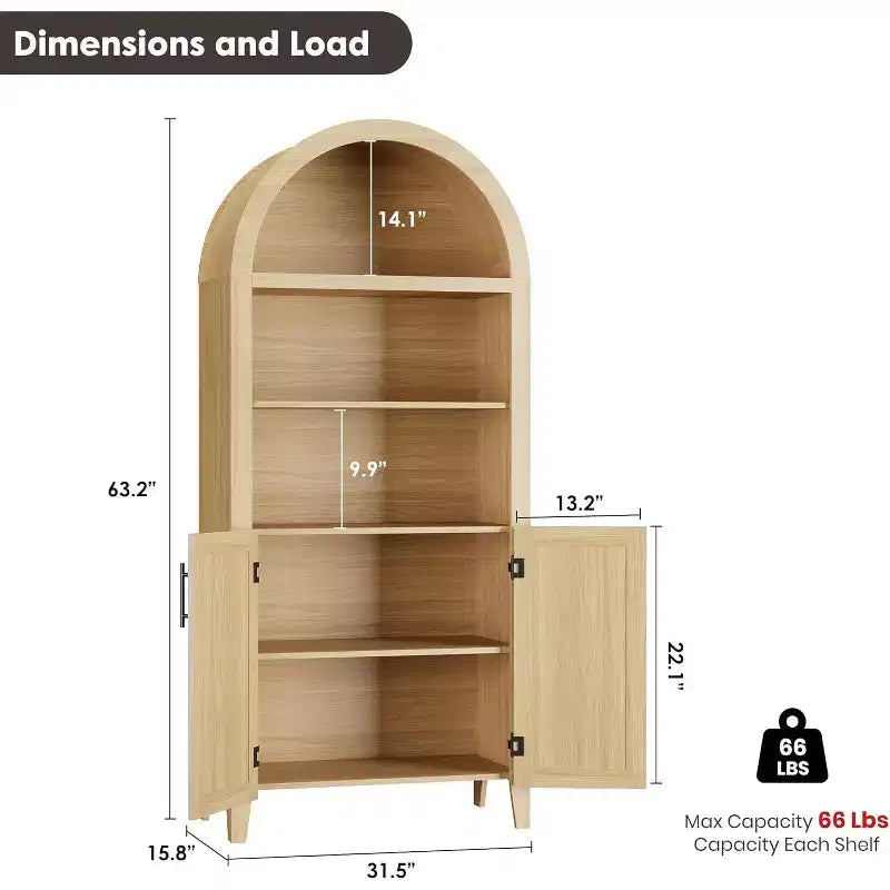 Étagère ouverte à 5 niveaux avec décor en rotin, armoire de rangement de style ferme, armoire de rangement de cuisine arquée, pour la maison, le bureau, le salon