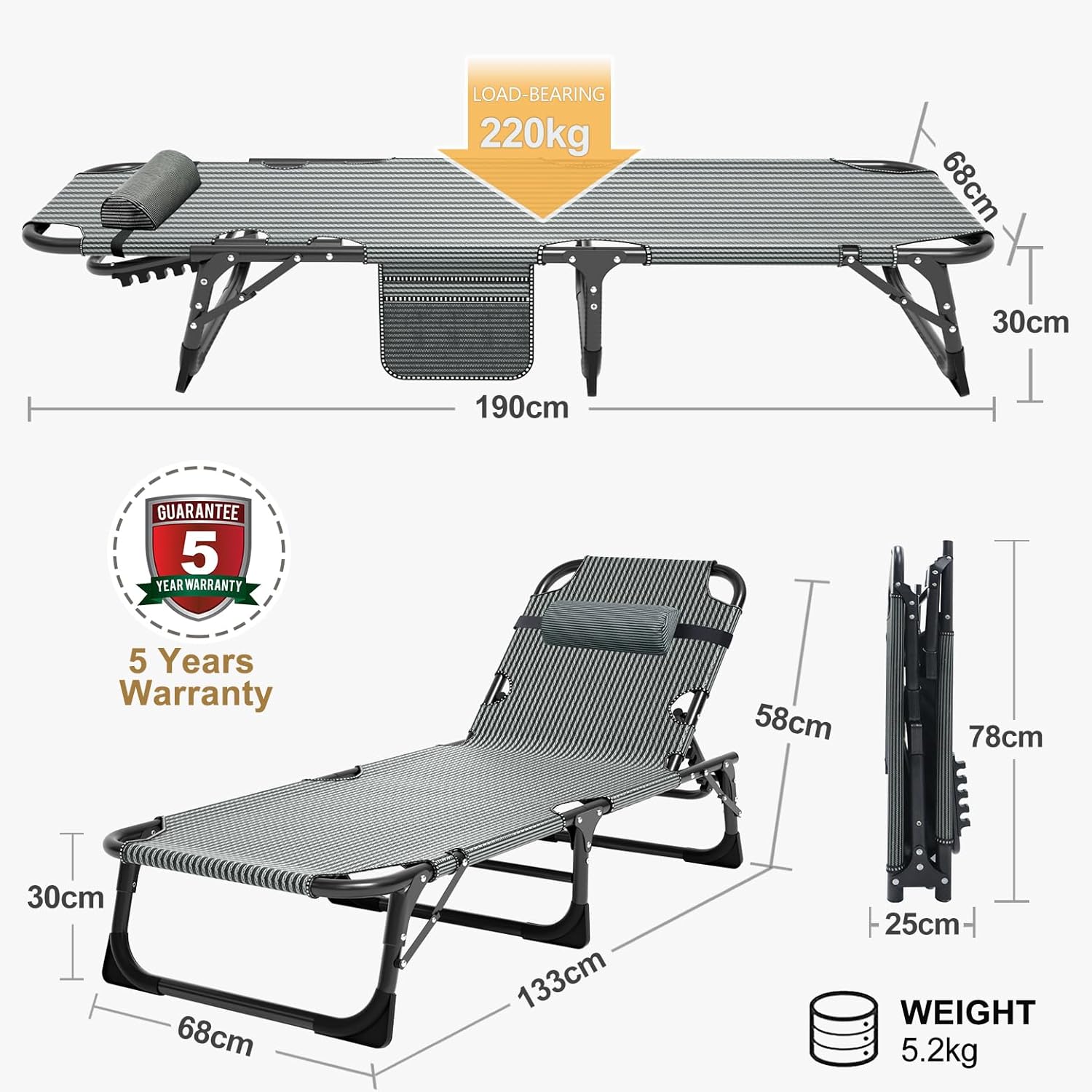 MOPHOTO Chaise Longue Pliable pour Jardin avec Matelas, Dossier et Repose-Pieds réglables, Chaise Pliante Portable pour intérieur et extérieur, Chaise Longue pour Bronzer(1 Paquet)