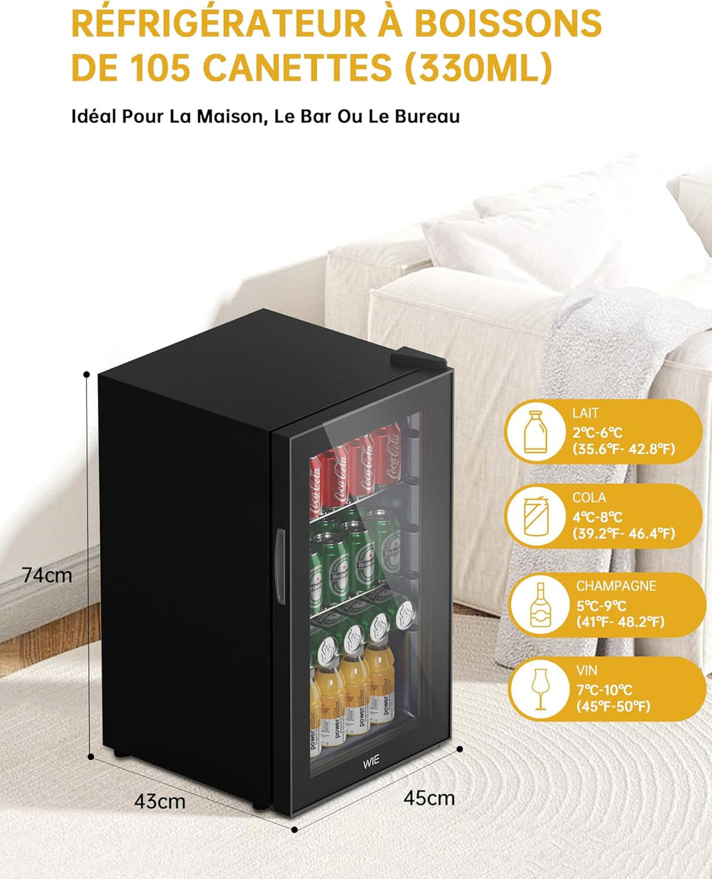 WIE Réfrigérateur à Boissons 70L Mini Réfrigérateur avec Double Porte Vitrée Petit Frigo Silencieux à Bière Intérieur Extérieu 105 Cans pour Maison/Cuisine/Bar/Bureau
