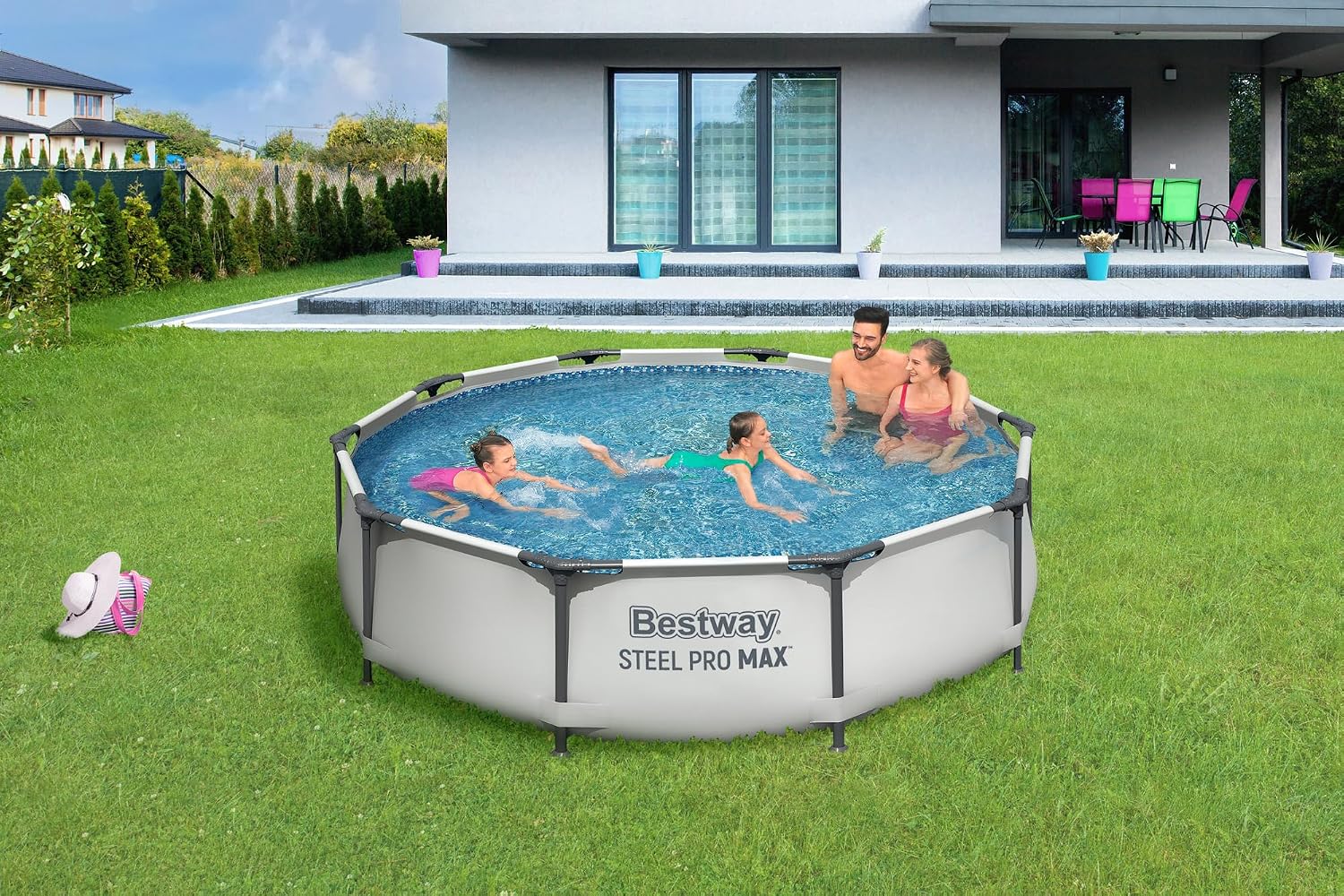 Bestway Steel Pro Max Frame Kit Piscine avec Pompe à Filtre Ø 305 x 76 cm, Gris Clair, Rond