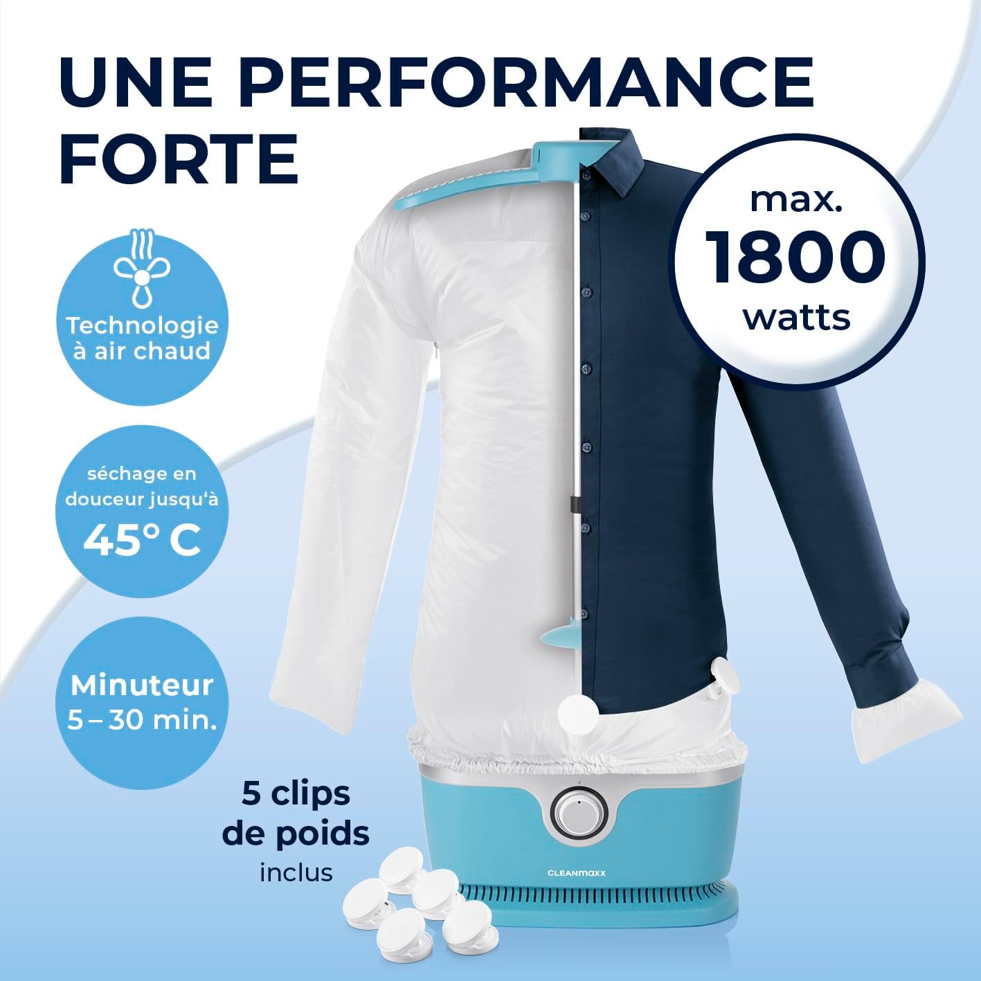 CLEANmaxx Appareil de repassage automatique de chemises avec accessoire pour pantalons | Idéal pour chemises, chemisiers & pantalons | Séchage doux et infroissable en quelques minutes