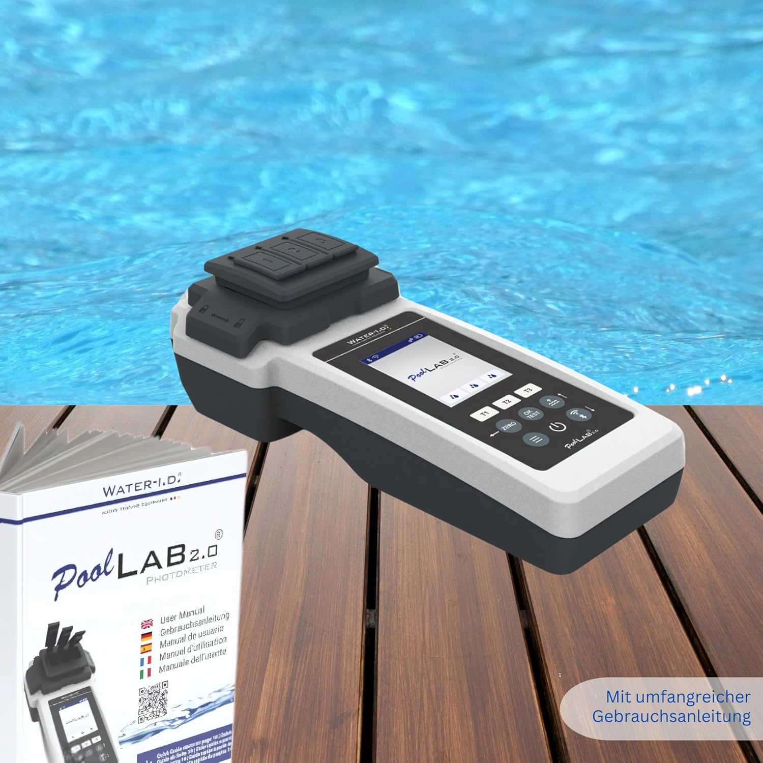 PoolLab 2.0 avec 70 pastilles de test et sac, édition spéciale pour MediMuc - 24 paramètres - App, logiciel - Mesure jusqu'à 3 paramètres dans un test + mallette de rangement vide
