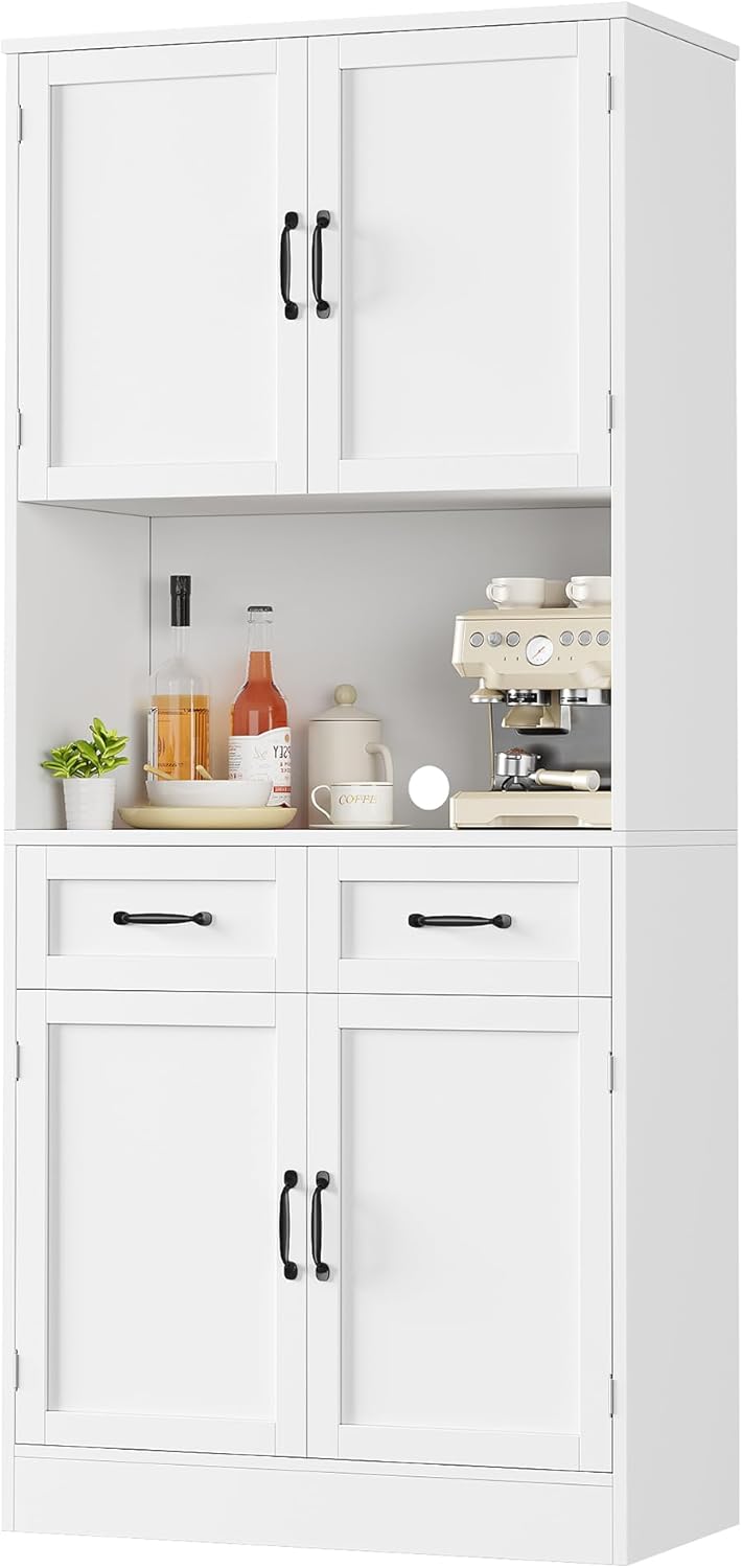 HOCSOK Buffet Haut Cuisine, 180 cm Armoire Cuisine avec 4 Portes et 2 Tiroirs, Meuble de Rangement avec Etagères Réglables, Vaisselier Vitrine, Blanc
