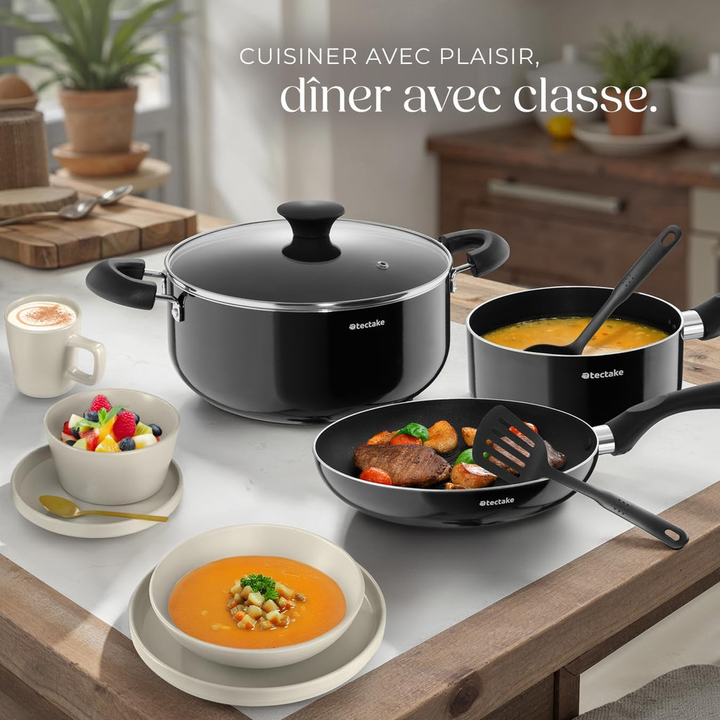 tectake® Set de cuisine 45 pièces, Service de table 6 personnes et Batterie de cuisine, Poêles, Casseroles, Assiettes plates, Assiettes creuses, Bols, Tasses, Louche, Spatule, Vaisselle en grès