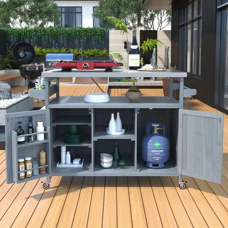 Okak Outdoor Kitchen Island with Stainless Steel Top, Wooden Kitchen Cart with Doors, Shelves and Spice Rack, Rolling Kitchen Island