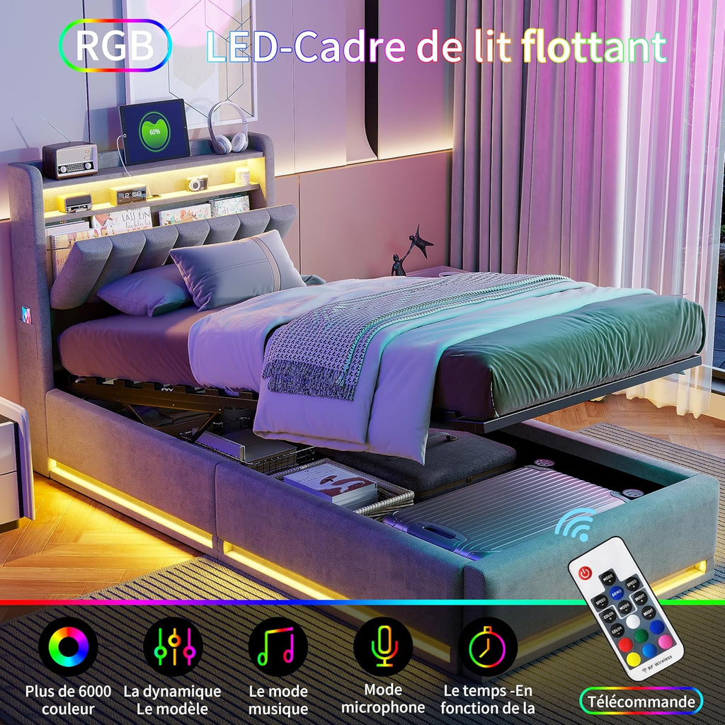 Lit Coffre 90x200 cm avec LED et Ports USB,Tête de Lits avec Rangement,Lit Double avec Sommier à Lattes, Facile à Assembler,pour Adultes et Adolescents,Velours (Gris, 90x200 cm)