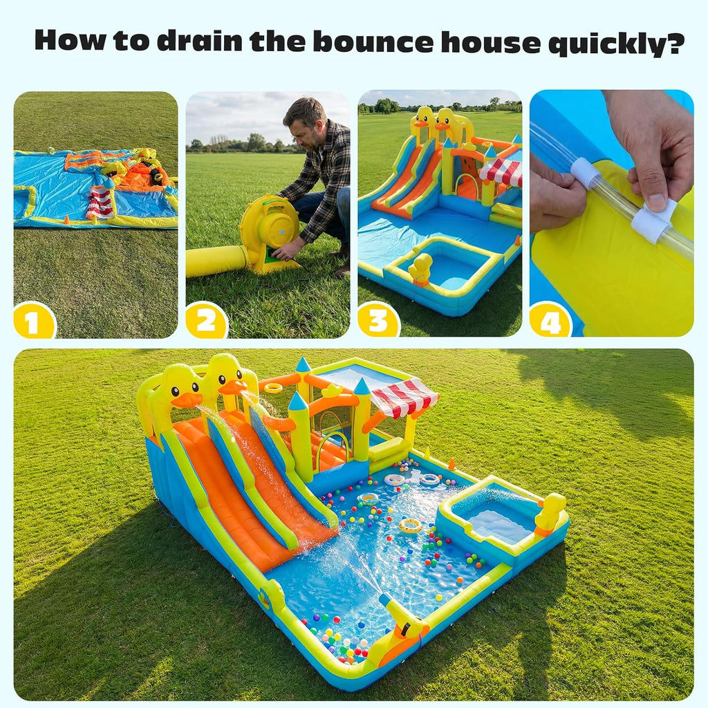 Hapfan Château Gonflable 11-en-1 avec Double Toboggan Aquatique – Piscine, Pistolet à Eau, Mur d’Escalade & Panier de Basket pour Les Plus Grands –520 * 445 * 245cm, Idéal pour Une fête de Jardin