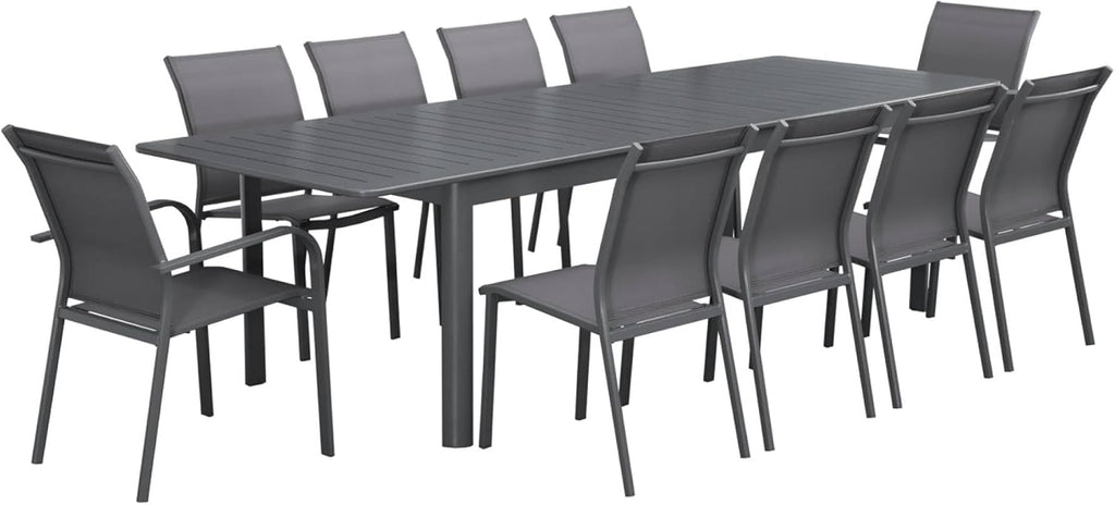 sweeek - Table de Jardin Extensible Aluminium + 10 assises Aluminium et textilène Anthracite. 8 chaises. 2 fauteuils. 10 Places. 290 x 100 x 75 cm