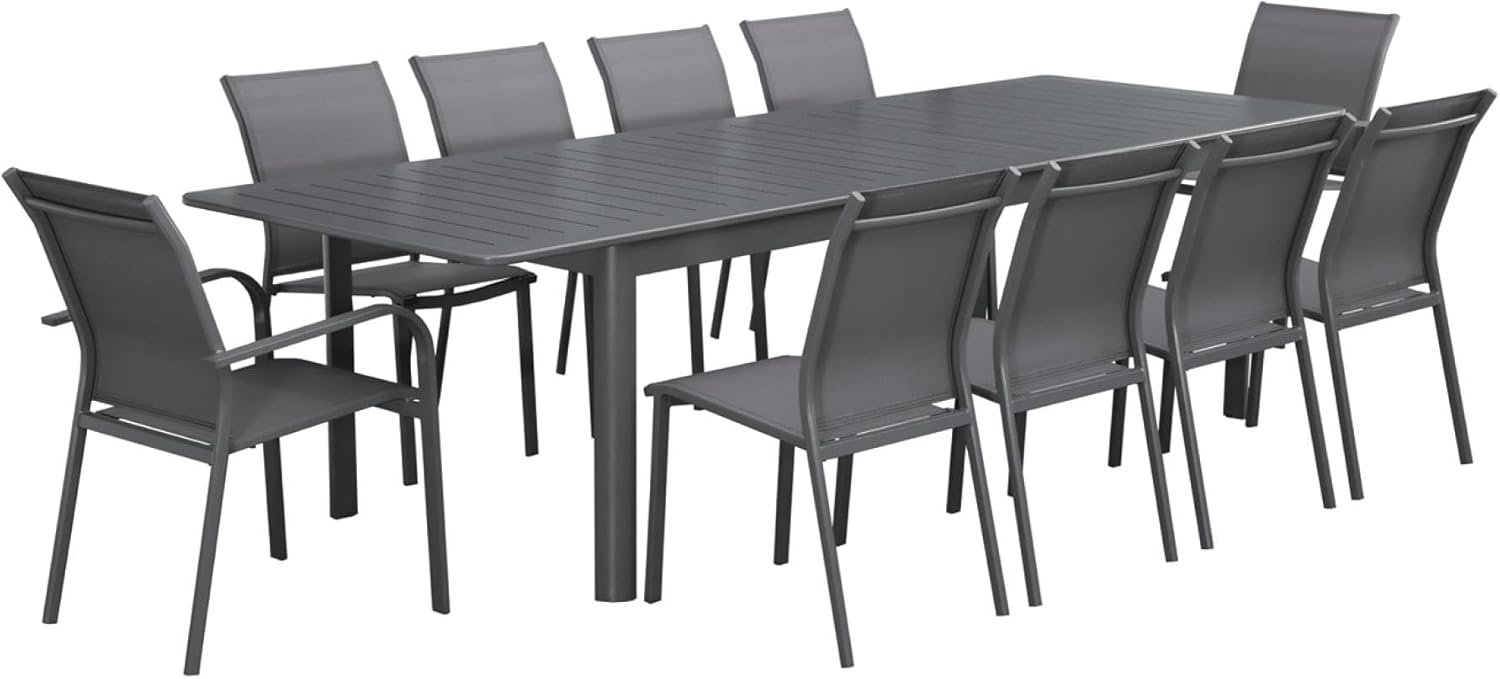 sweeek - Table de Jardin Extensible Aluminium + 10 assises Aluminium et textilène Anthracite. 8 chaises. 2 fauteuils. 10 Places. 290 x 100 x 75 cm