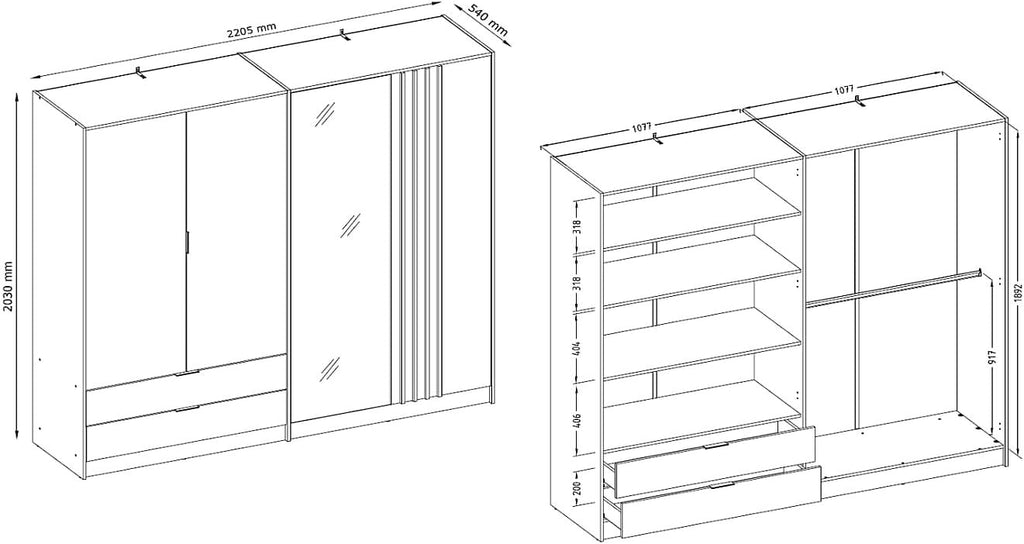 Vente-unique - Armoire 4 Portes et 2 tiroirs - avec Miroir - L220 cm - Coloris : Noir et Naturel - TUNALO