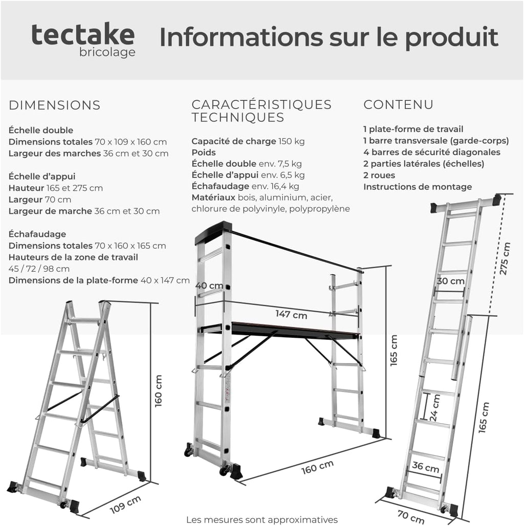 tectake® Échelle Multifonction 3 en 1 Échafaudage Roulant en Acier Plateforme de Travail Antidérapante Échelle Téléscopique Échelle Pliante Escabeau Pliant Bricolage Peinture Toiture