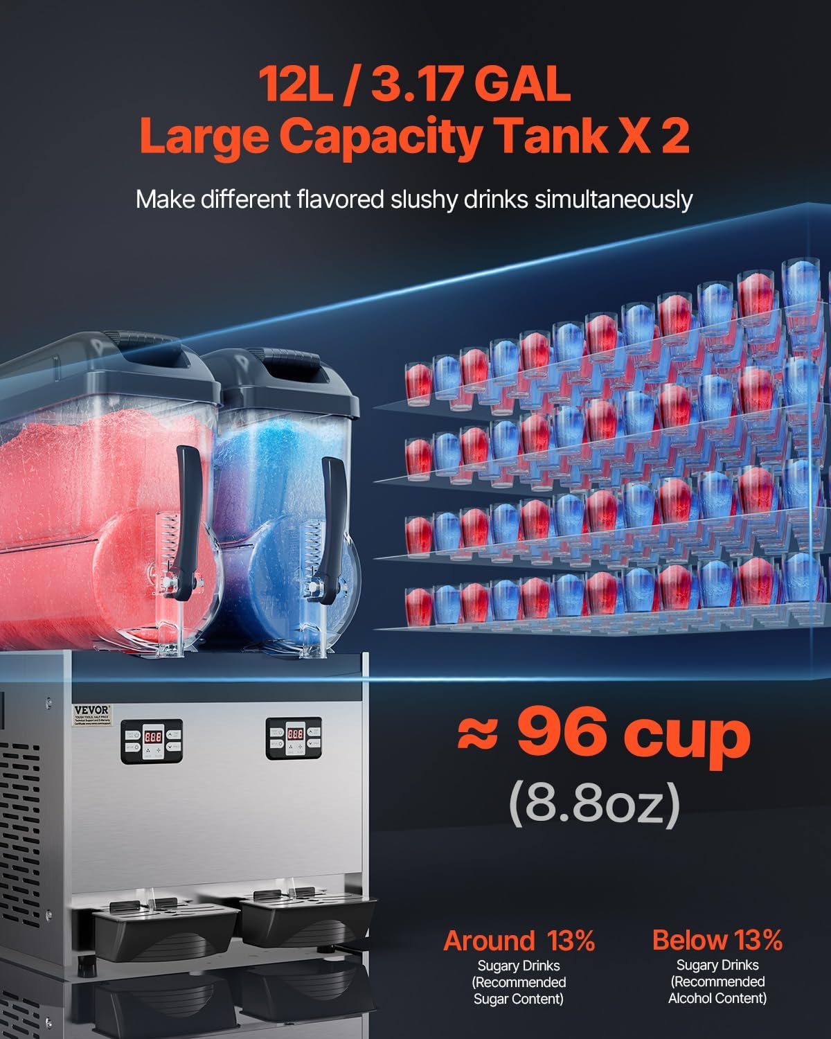 VEVOR Machine à Granité Commerciale 2x12 L Double Réservoir, Machine à Boissons Glacées en Inox de 96 Tasses, Distributeur de Boissons Frappées Granitas Margarita Smoothie, pour Restaurants Cafés Bars